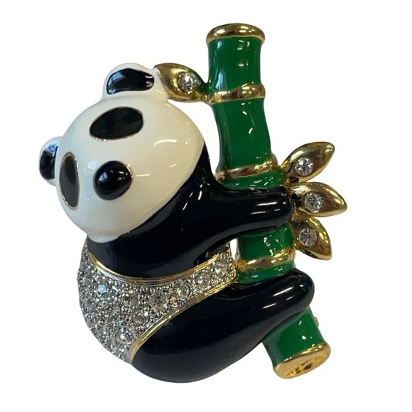 Enamel Rhinestone Panda Brooch Pin With Green Bamboo Gold-Tone Accent Jewelry - Picture 1 of 4